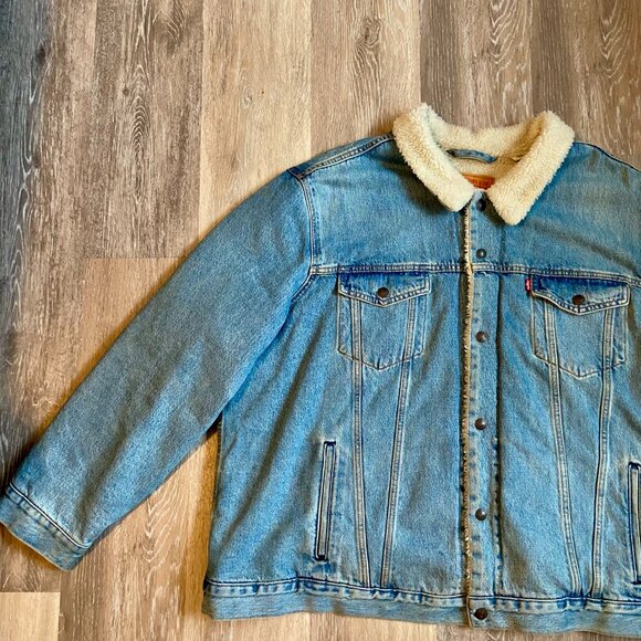 Levi's Men Sherpa Trucker Jacket Denim Light Wash Splitsville 3XL VTG Jean Fuzz - Picture 13 of 16